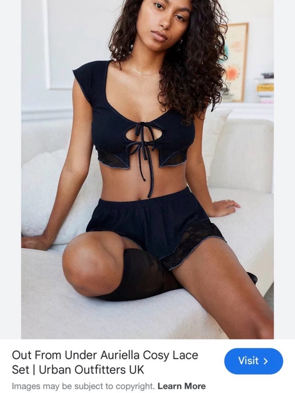 Urban Outfitters Black AurieIla Lace-Trim Tie-Front Pajama Set